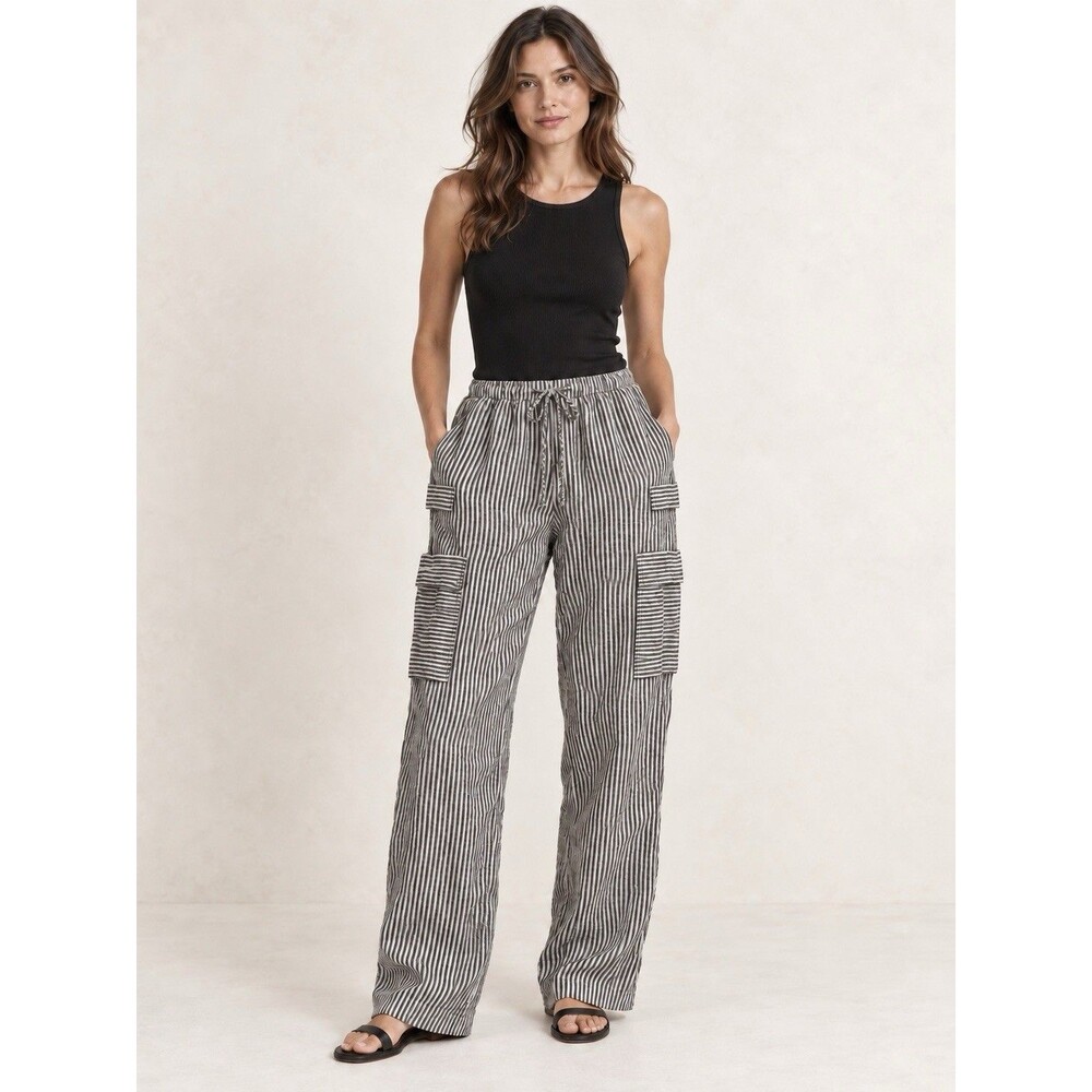Reformation Linen Striped Cargo Pants Black Ivory Drawstring Womens L